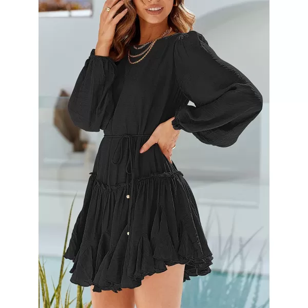 imageANRABESS Womens 2023 Spring Summer Crewneck Puff Sleeve Babydoll Dress Ruffle Tiered ALine Flowy Skater Mini DressBlack
