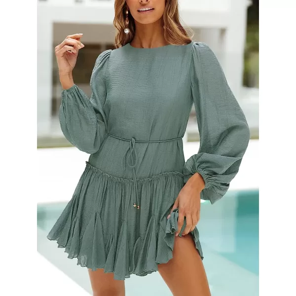 imageANRABESS Womens 2023 Spring Summer Crewneck Puff Sleeve Babydoll Dress Ruffle Tiered ALine Flowy Skater Mini DressBlue