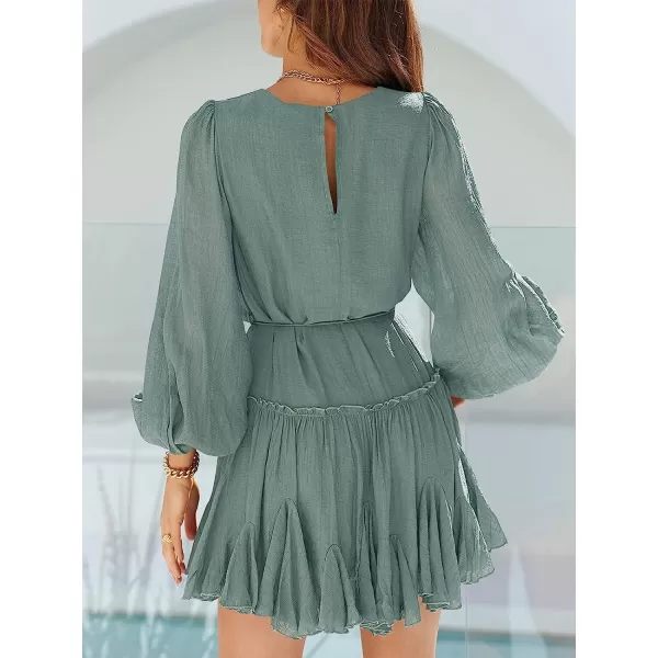 imageANRABESS Womens 2023 Spring Summer Crewneck Puff Sleeve Babydoll Dress Ruffle Tiered ALine Flowy Skater Mini DressBlue
