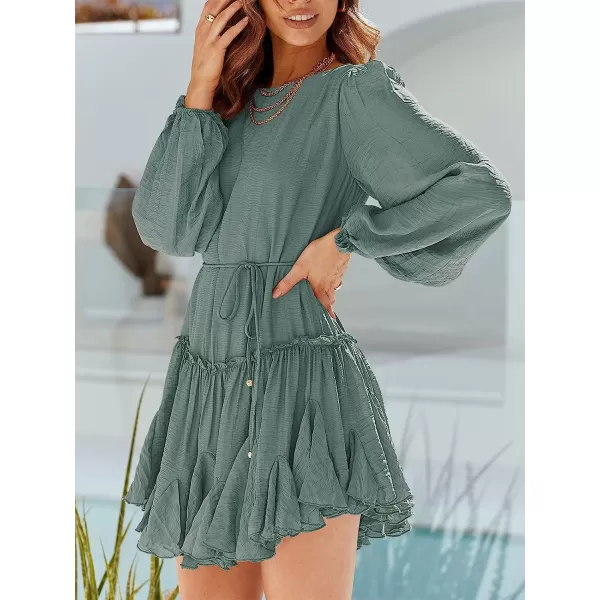 imageANRABESS Womens 2023 Spring Summer Crewneck Puff Sleeve Babydoll Dress Ruffle Tiered ALine Flowy Skater Mini DressBlue