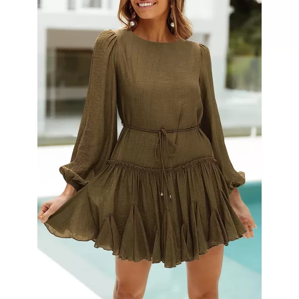 imageANRABESS Womens 2023 Spring Summer Crewneck Puff Sleeve Babydoll Dress Ruffle Tiered ALine Flowy Skater Mini DressBrown