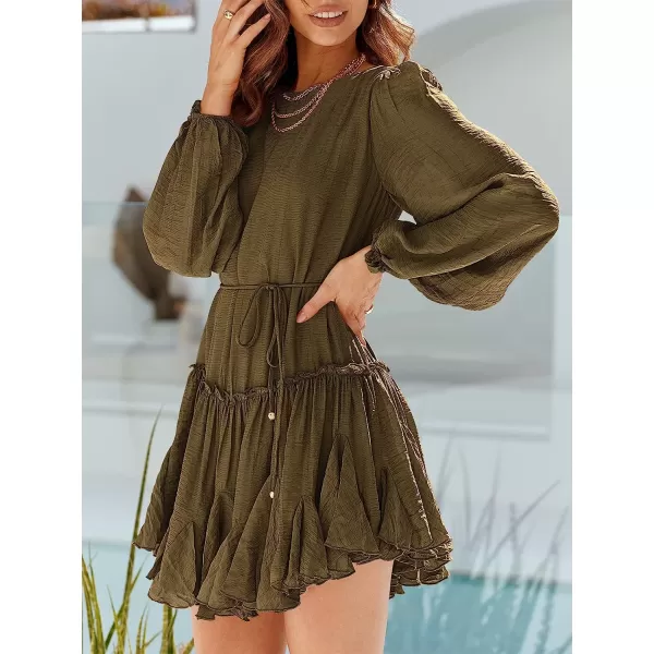 imageANRABESS Womens 2023 Spring Summer Crewneck Puff Sleeve Babydoll Dress Ruffle Tiered ALine Flowy Skater Mini DressBrown