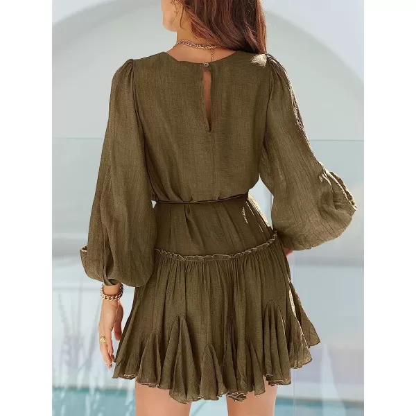 imageANRABESS Womens 2023 Spring Summer Crewneck Puff Sleeve Babydoll Dress Ruffle Tiered ALine Flowy Skater Mini DressBrown