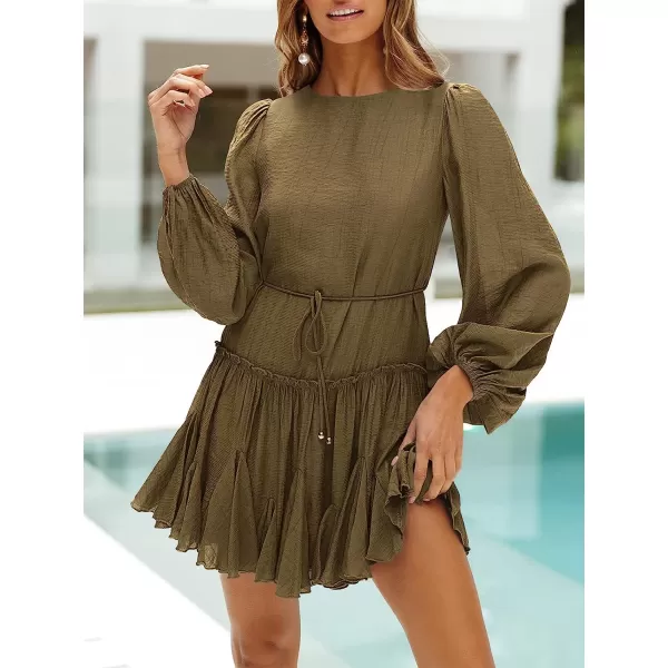 imageANRABESS Womens 2023 Spring Summer Crewneck Puff Sleeve Babydoll Dress Ruffle Tiered ALine Flowy Skater Mini DressBrown