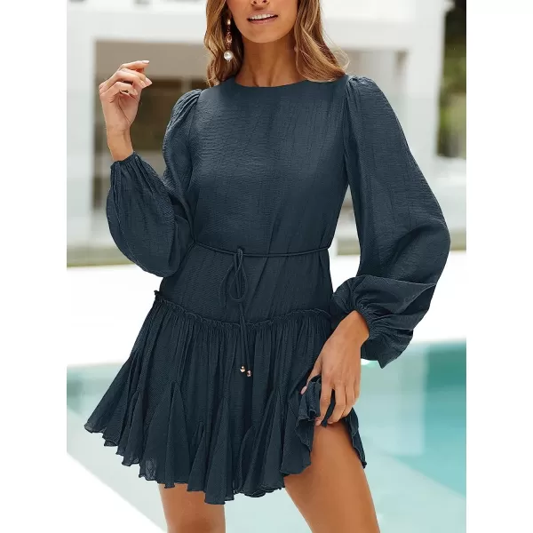 imageANRABESS Womens 2023 Spring Summer Crewneck Puff Sleeve Babydoll Dress Ruffle Tiered ALine Flowy Skater Mini DressNavy Blue
