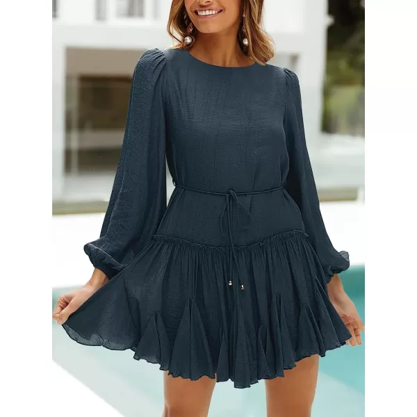 imageANRABESS Womens 2023 Spring Summer Crewneck Puff Sleeve Babydoll Dress Ruffle Tiered ALine Flowy Skater Mini DressNavy Blue