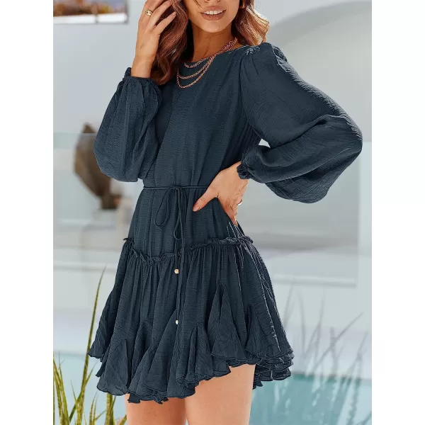 imageANRABESS Womens 2023 Spring Summer Crewneck Puff Sleeve Babydoll Dress Ruffle Tiered ALine Flowy Skater Mini DressNavy Blue