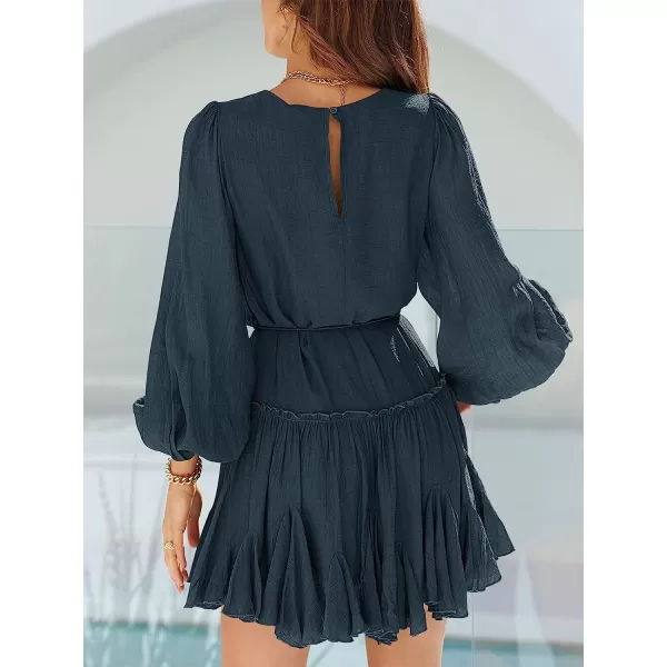 imageANRABESS Womens 2023 Spring Summer Crewneck Puff Sleeve Babydoll Dress Ruffle Tiered ALine Flowy Skater Mini DressNavy Blue