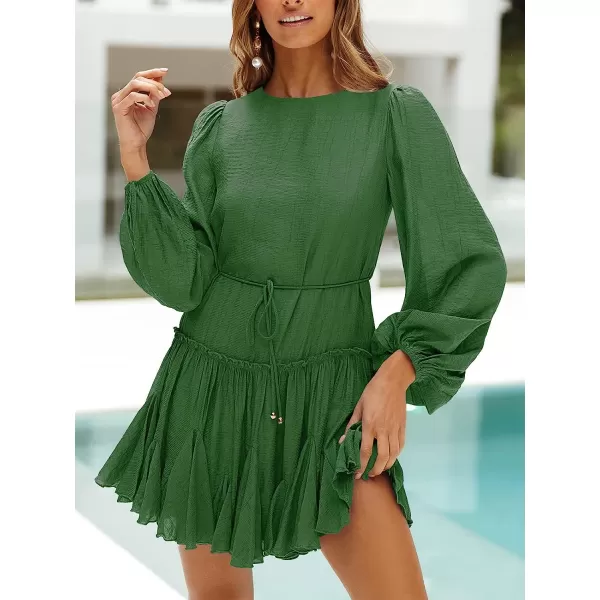 imageANRABESS Womens 2023 Spring Summer Crewneck Puff Sleeve Babydoll Dress Ruffle Tiered ALine Flowy Skater Mini DressOpal Green