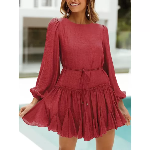 imageANRABESS Womens 2023 Spring Summer Crewneck Puff Sleeve Babydoll Dress Ruffle Tiered ALine Flowy Skater Mini DressRed