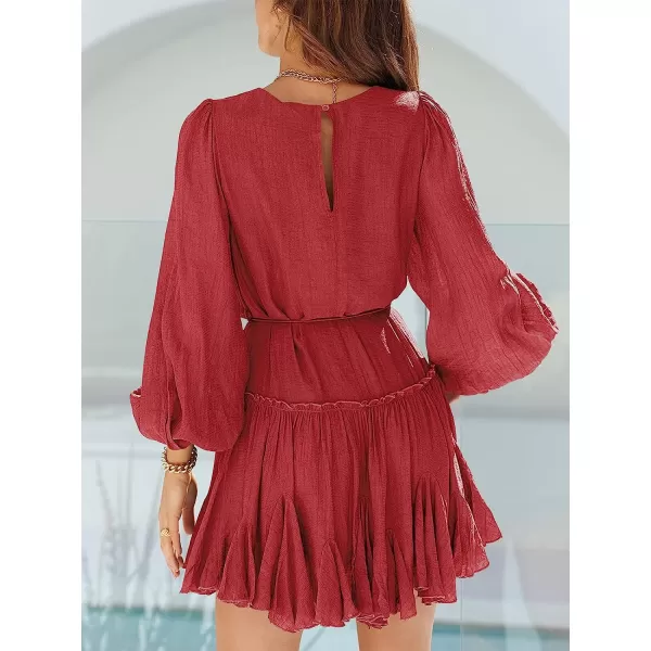 imageANRABESS Womens 2023 Spring Summer Crewneck Puff Sleeve Babydoll Dress Ruffle Tiered ALine Flowy Skater Mini DressRed