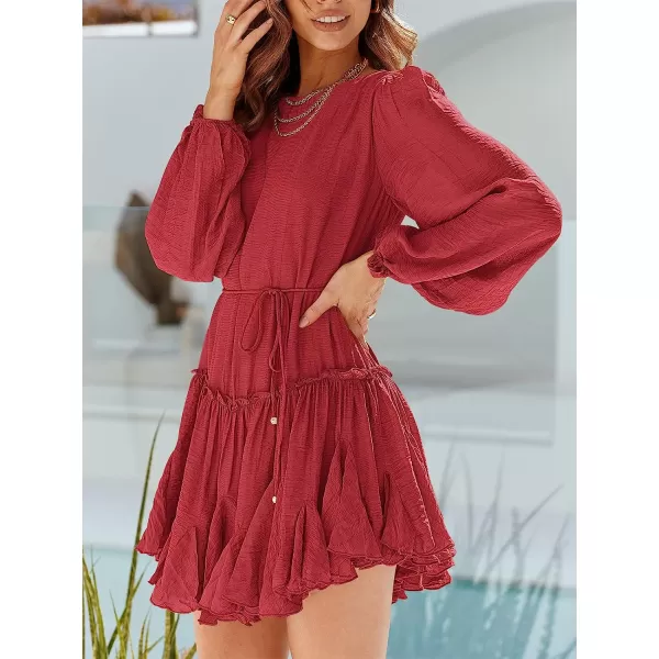 imageANRABESS Womens 2023 Spring Summer Crewneck Puff Sleeve Babydoll Dress Ruffle Tiered ALine Flowy Skater Mini DressRed