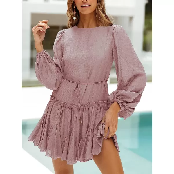 imageANRABESS Womens 2023 Spring Summer Crewneck Puff Sleeve Babydoll Dress Ruffle Tiered ALine Flowy Skater Mini DressRose