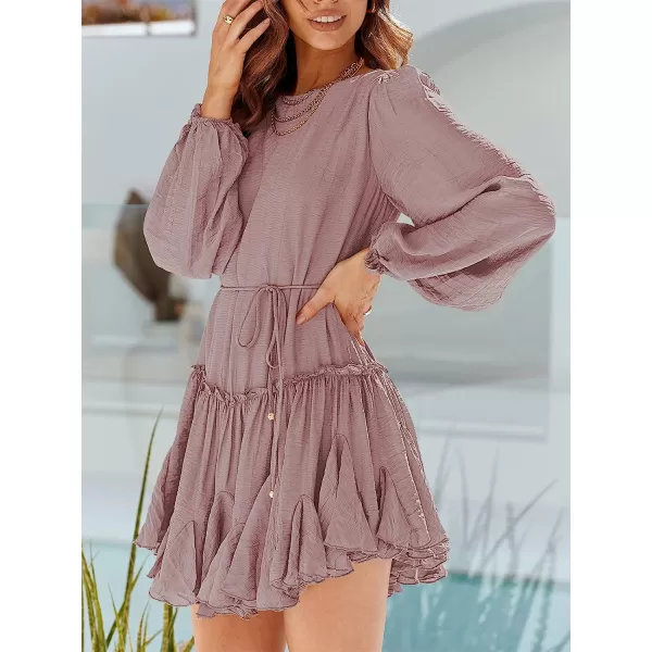imageANRABESS Womens 2023 Spring Summer Crewneck Puff Sleeve Babydoll Dress Ruffle Tiered ALine Flowy Skater Mini DressRose
