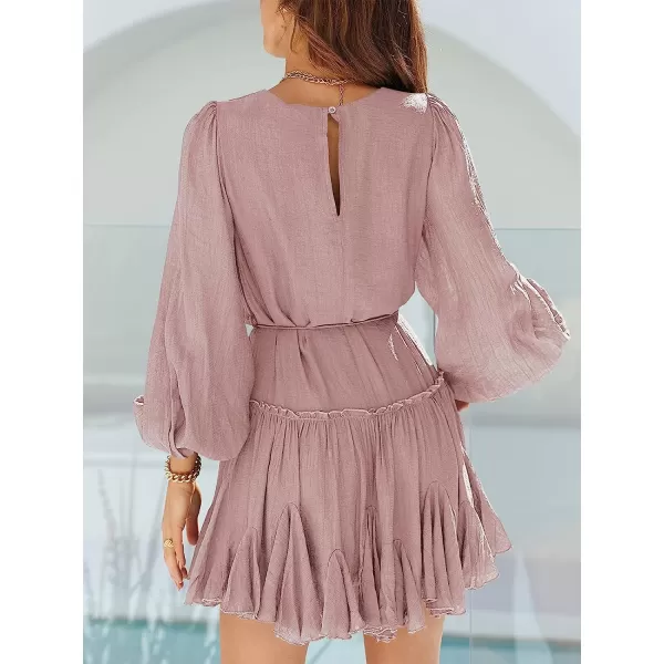 imageANRABESS Womens 2023 Spring Summer Crewneck Puff Sleeve Babydoll Dress Ruffle Tiered ALine Flowy Skater Mini DressRose