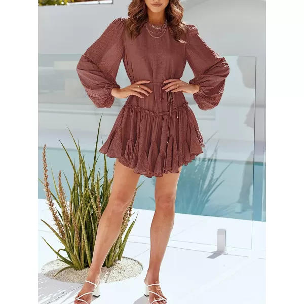imageANRABESS Womens 2023 Spring Summer Crewneck Puff Sleeve Babydoll Dress Ruffle Tiered ALine Flowy Skater Mini DressRust
