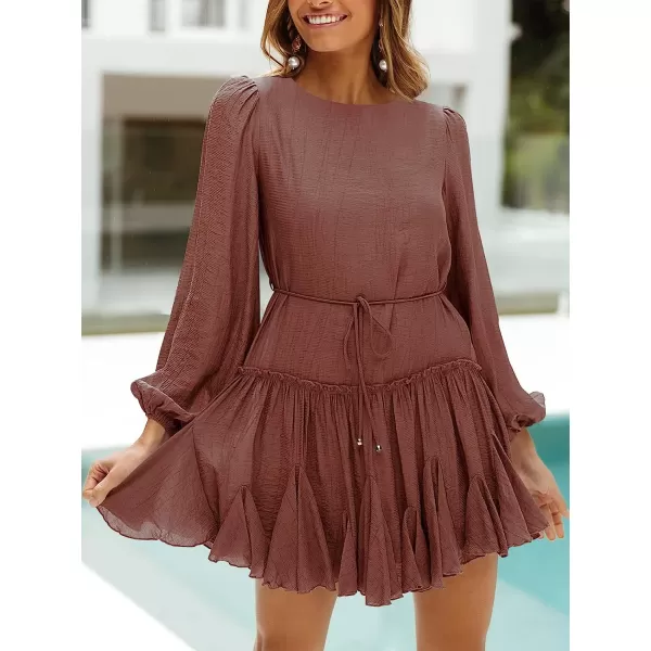 imageANRABESS Womens 2023 Spring Summer Crewneck Puff Sleeve Babydoll Dress Ruffle Tiered ALine Flowy Skater Mini DressRust