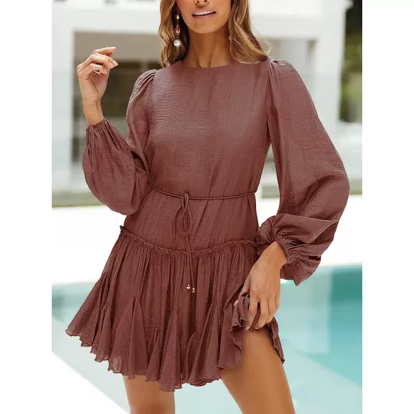 imageANRABESS Womens 2023 Spring Summer Crewneck Puff Sleeve Babydoll Dress Ruffle Tiered ALine Flowy Skater Mini DressRust