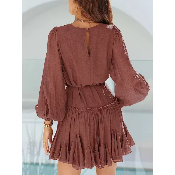 imageANRABESS Womens 2023 Spring Summer Crewneck Puff Sleeve Babydoll Dress Ruffle Tiered ALine Flowy Skater Mini DressRust