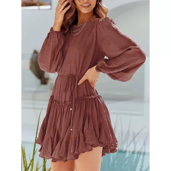 imageANRABESS Womens 2023 Spring Summer Crewneck Puff Sleeve Babydoll Dress Ruffle Tiered ALine Flowy Skater Mini DressRust