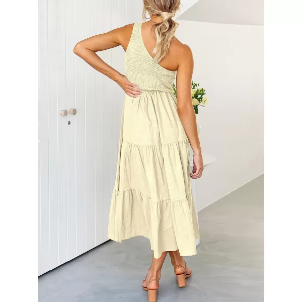 imageANRABESS Womens 2023 Summer Bohemian One Shoulder Sleeveless Smocked Ruffle Tiered Beach Maxi Sun DressBeige