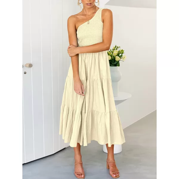 imageANRABESS Womens 2023 Summer Bohemian One Shoulder Sleeveless Smocked Ruffle Tiered Beach Maxi Sun DressBeige