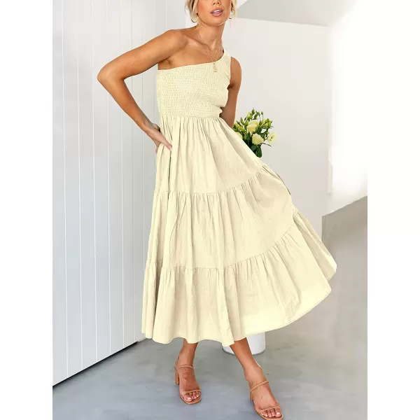 imageANRABESS Womens 2023 Summer Bohemian One Shoulder Sleeveless Smocked Ruffle Tiered Beach Maxi Sun DressBeige