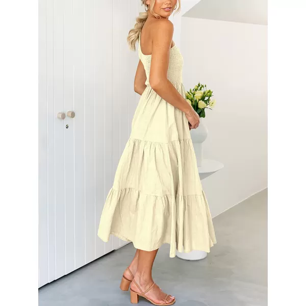 imageANRABESS Womens 2023 Summer Bohemian One Shoulder Sleeveless Smocked Ruffle Tiered Beach Maxi Sun DressBeige