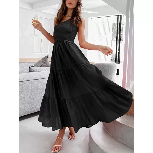 imageANRABESS Womens 2023 Summer Bohemian One Shoulder Sleeveless Smocked Ruffle Tiered Beach Maxi Sun DressBlack