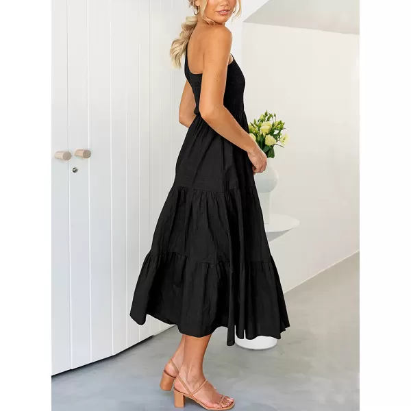 imageANRABESS Womens 2023 Summer Bohemian One Shoulder Sleeveless Smocked Ruffle Tiered Beach Maxi Sun DressBlack