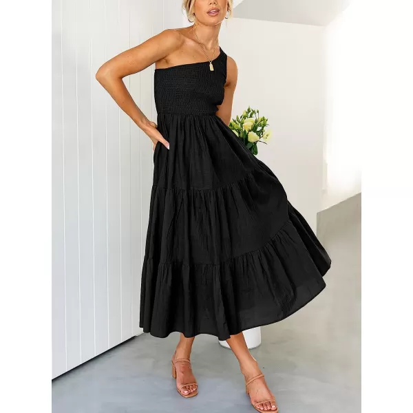 imageANRABESS Womens 2023 Summer Bohemian One Shoulder Sleeveless Smocked Ruffle Tiered Beach Maxi Sun DressBlack
