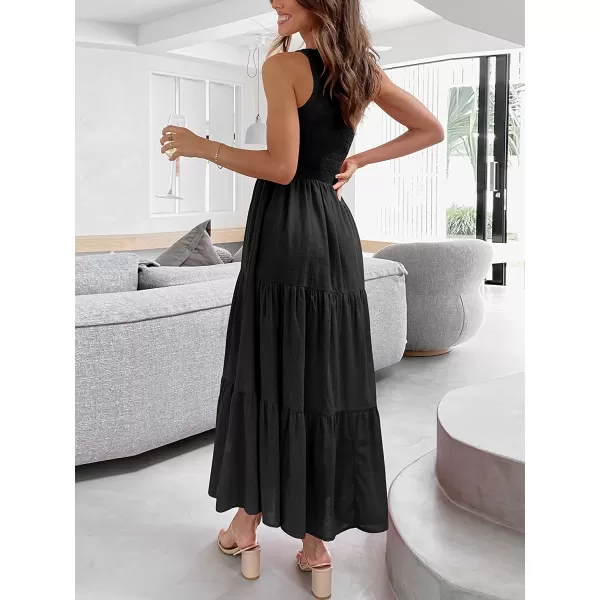 imageANRABESS Womens 2023 Summer Bohemian One Shoulder Sleeveless Smocked Ruffle Tiered Beach Maxi Sun DressBlack