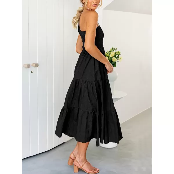 imageANRABESS Womens 2023 Summer Bohemian One Shoulder Sleeveless Smocked Ruffle Tiered Beach Maxi Sun DressBlack