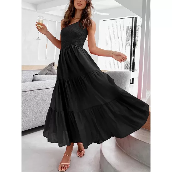 imageANRABESS Womens 2023 Summer Bohemian One Shoulder Sleeveless Smocked Ruffle Tiered Beach Maxi Sun DressBlack