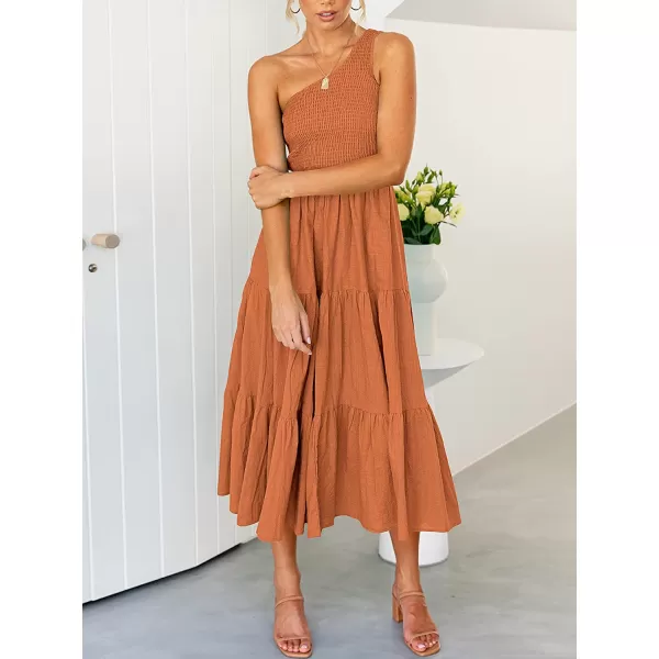 imageANRABESS Womens 2023 Summer Bohemian One Shoulder Sleeveless Smocked Ruffle Tiered Beach Maxi Sun DressBurnt Orange