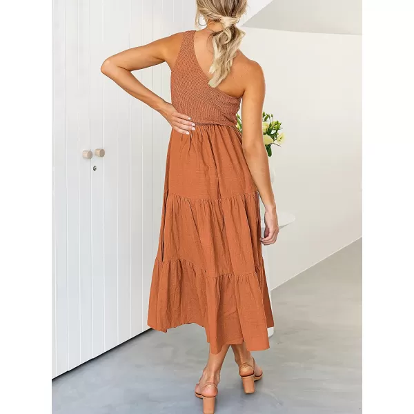 imageANRABESS Womens 2023 Summer Bohemian One Shoulder Sleeveless Smocked Ruffle Tiered Beach Maxi Sun DressBurnt Orange