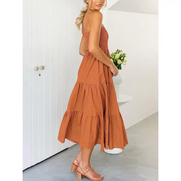 imageANRABESS Womens 2023 Summer Bohemian One Shoulder Sleeveless Smocked Ruffle Tiered Beach Maxi Sun DressBurnt Orange