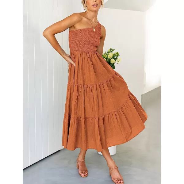 imageANRABESS Womens 2023 Summer Bohemian One Shoulder Sleeveless Smocked Ruffle Tiered Beach Maxi Sun DressBurnt Orange
