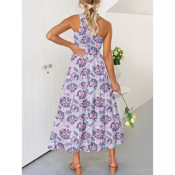 imageANRABESS Womens 2023 Summer Bohemian One Shoulder Sleeveless Smocked Ruffle Tiered Beach Maxi Sun DressFloral 04