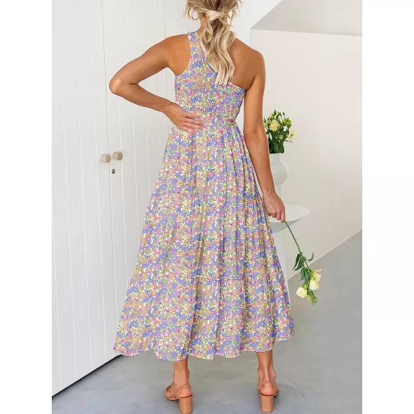 imageANRABESS Womens 2023 Summer Bohemian One Shoulder Sleeveless Smocked Ruffle Tiered Beach Maxi Sun DressFloral Camo