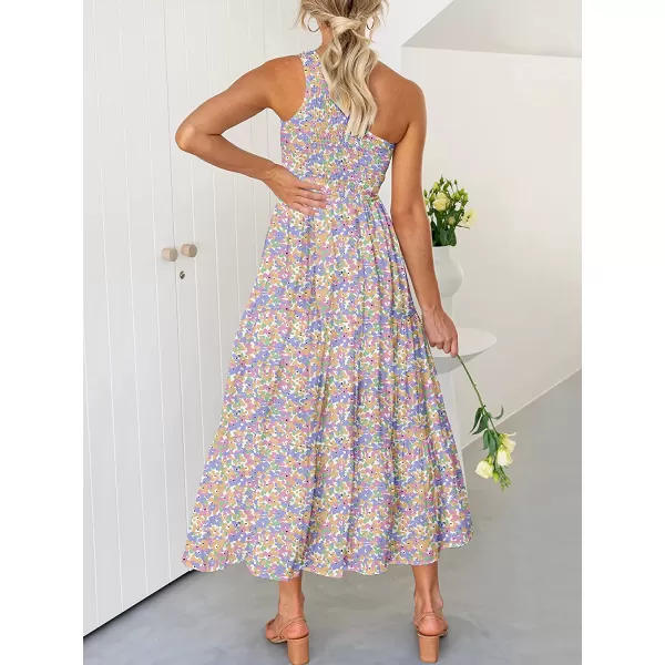 imageANRABESS Womens 2023 Summer Bohemian One Shoulder Sleeveless Smocked Ruffle Tiered Beach Maxi Sun DressFloral Camo