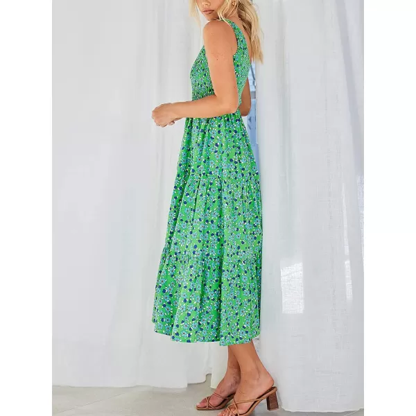 imageANRABESS Womens 2023 Summer Bohemian One Shoulder Sleeveless Smocked Ruffle Tiered Beach Maxi Sun DressFloral Green