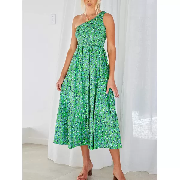 imageANRABESS Womens 2023 Summer Bohemian One Shoulder Sleeveless Smocked Ruffle Tiered Beach Maxi Sun DressFloral Green