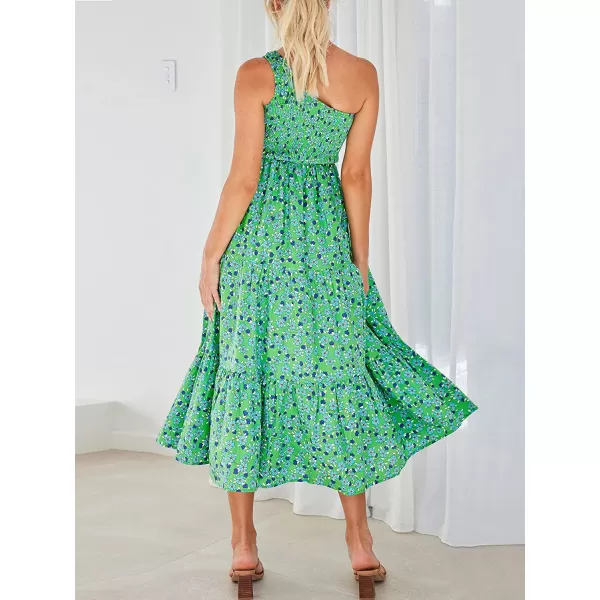 imageANRABESS Womens 2023 Summer Bohemian One Shoulder Sleeveless Smocked Ruffle Tiered Beach Maxi Sun DressFloral Green