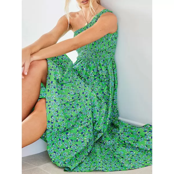 imageANRABESS Womens 2023 Summer Bohemian One Shoulder Sleeveless Smocked Ruffle Tiered Beach Maxi Sun DressFloral Green