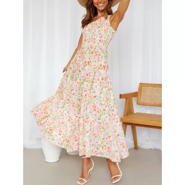 imageANRABESS Womens 2023 Summer Bohemian One Shoulder Sleeveless Smocked Ruffle Tiered Beach Maxi Sun DressFloral Pink