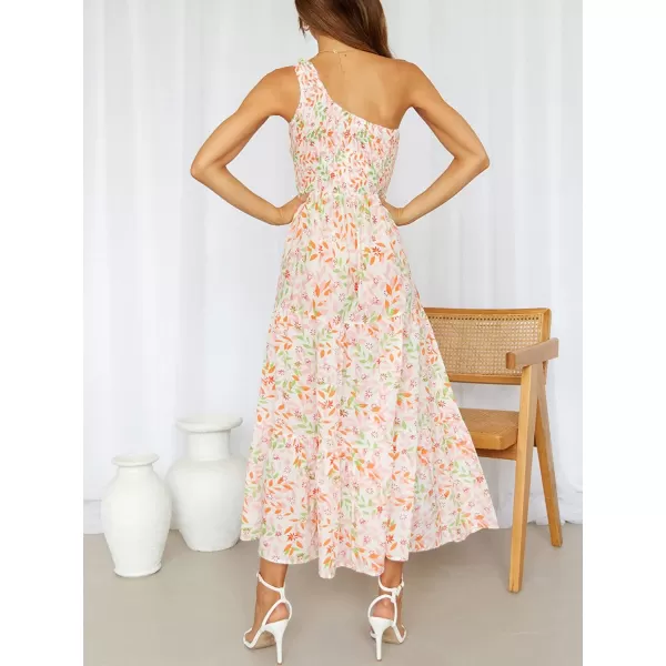 imageANRABESS Womens 2023 Summer Bohemian One Shoulder Sleeveless Smocked Ruffle Tiered Beach Maxi Sun DressFloral Pink