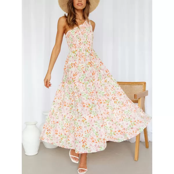 imageANRABESS Womens 2023 Summer Bohemian One Shoulder Sleeveless Smocked Ruffle Tiered Beach Maxi Sun DressFloral Pink