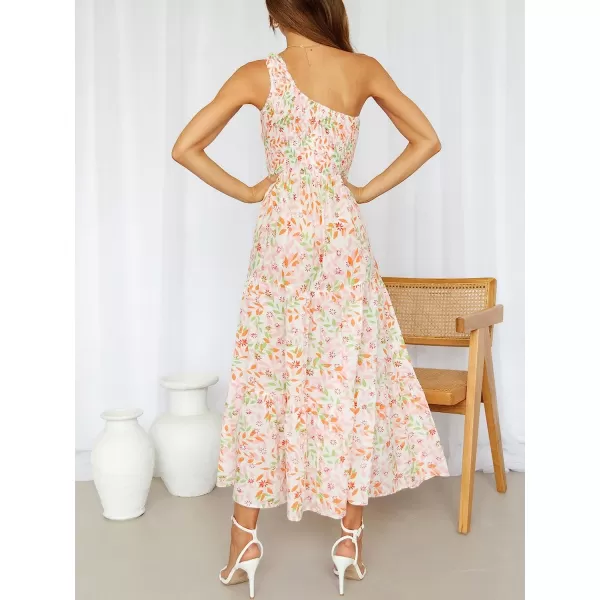 imageANRABESS Womens 2023 Summer Bohemian One Shoulder Sleeveless Smocked Ruffle Tiered Beach Maxi Sun DressFloral Pink