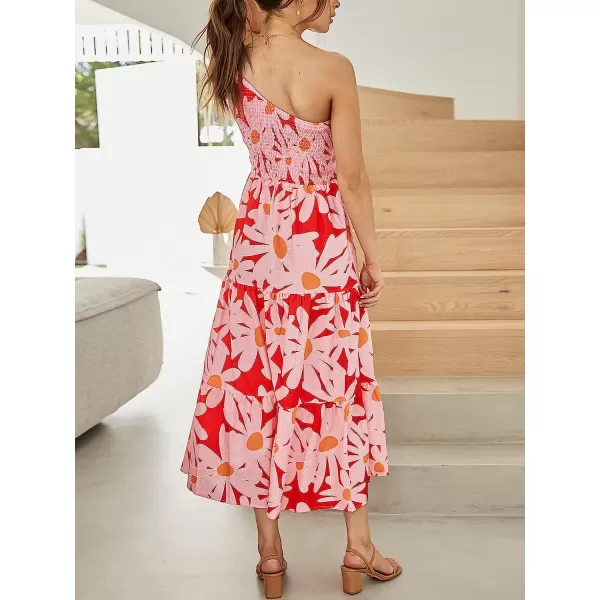 imageANRABESS Womens 2023 Summer Bohemian One Shoulder Sleeveless Smocked Ruffle Tiered Beach Maxi Sun DressFloral Red